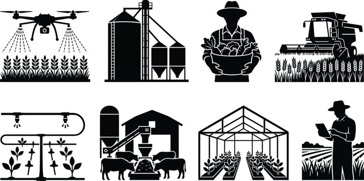 Modern agriculture vector icon set featuring smart farming tech, agricultural drone, greenhouse, harvester, silo, and livestock equipment