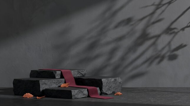 Stone product podium with maroon fabric and leaf shadows for ecommerce autumn background and copy space seasonal design platform