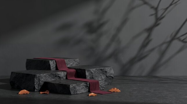 Minimalist stone platforms with fabric accents and autumn leaves as commercial product display autumn background with copy space