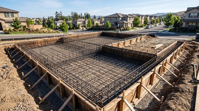 New concrete house foundation with steel reinforcement grid. Construction site base layer for residential building project.