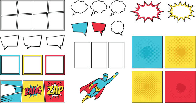 Comic book creator kit vector set with blank panels speech bubbles explosion bursts halftone pop art backgrounds and flying superhero character for graphic design