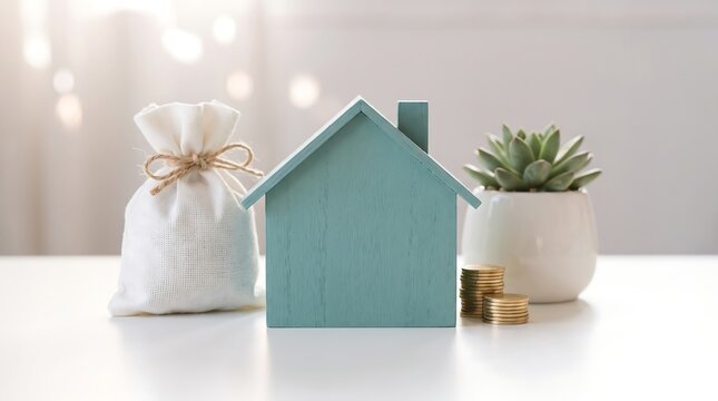 Small house model with money bag and coins. Real estate investment and property savings.