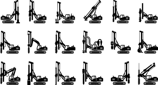 Construction Drilling Rig and Pile Driver Silhouette Icon Set with Auger and Foundation Machinery