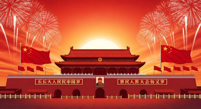Tiananmen Square with Chinese flags. Beijing landmark illustration with festive fireworks.