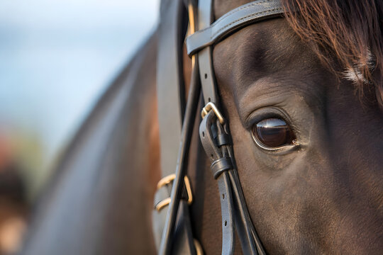 Racehorse Eye and Bridle Close Up Before Race