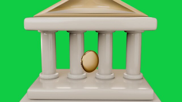 Gold coin falling triggers bank assembling in transparent void, coins scattering, showing finance
