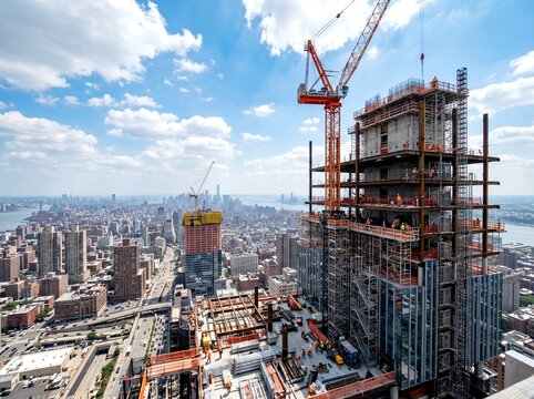 青空広がる都会の建設現場と発展する未来の都市パノラマ俯瞰