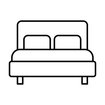 Double bed icon line art. Linear icon of a bed with mattress and two pillows isolated. Editable line. Minimal simple vector illustration accomodation hotel overnight sign.