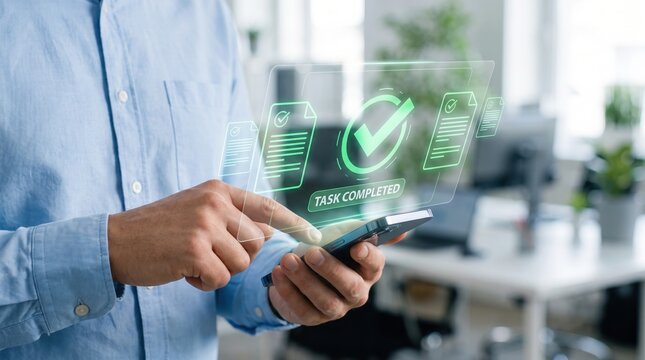Business man analyzing document with holographic check mark
