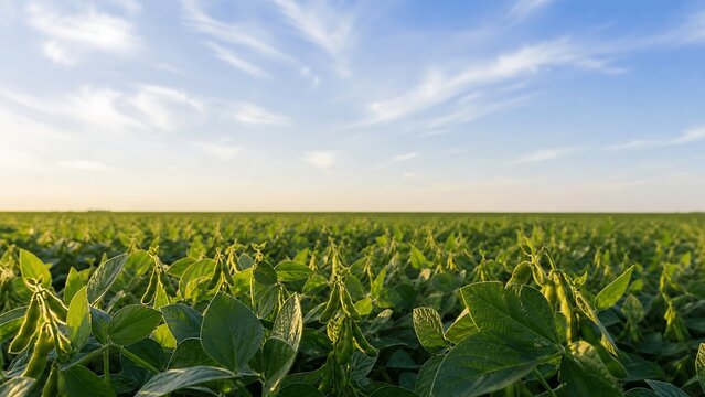 Vast Soybean Field Under a Blue Sky: An expansive green field of young soybean plants stretches towards the horizon under a bright blue sky with scattered white clouds.