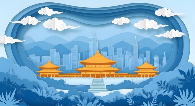 Asian temple paper art illustration. Traditional pagoda architecture with modern city skyline.