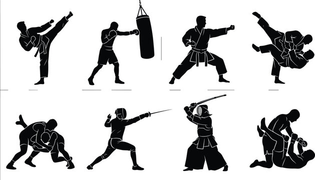 Set of combat sports and martial arts silhouettes including karate boxing judo fencing wrestling kendo and grappling fighters