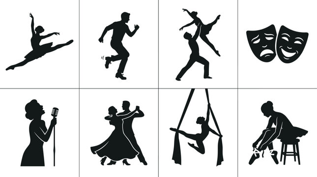 Set of performing arts silhouettes including ballerina tap dancer theater masks singer ballroom dancers and aerial acrobat