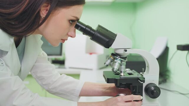 Vet lab worker makes test on microscope.