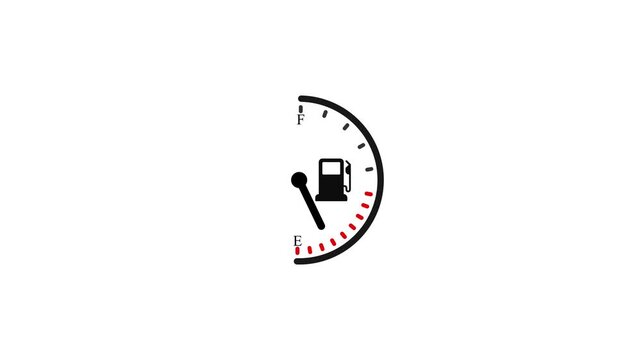 Animated fuel gauge needle dropping from full to empty, minimalist gas level indicator for automotive and energy concepts