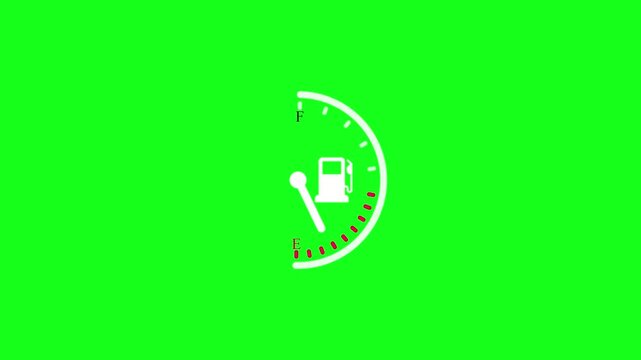Fuel gauge indicator animation moving from full to empty on green screen background, petrol
