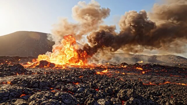 Violent volcanic eruption with massive fire explosion and thick dark smoke rising from lava field