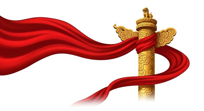 Chinese Huabiao pillar with red silk. Traditional Asian column with flowing fabric banner.