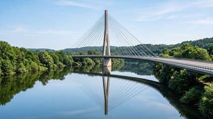 Naklejka premium Modern cable-stayed bridge spanning a serene river. Architectural marvel with steel cables and sleek design over calm waters.
