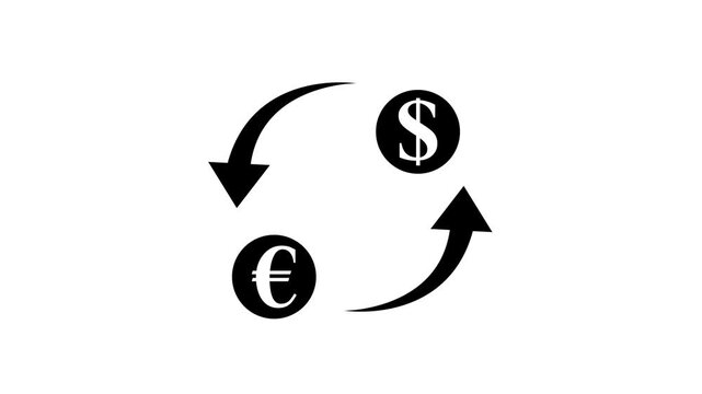 Currency exchange animation: dollar and euro symbol rotation for global finance and forex trading