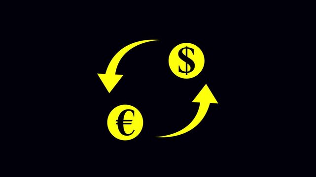 Currency exchange concept with rotating dollar and euro coins, financial market trading animation finance