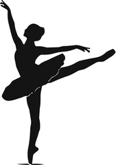 Silhouette of a ballerina performing a dance pose with one leg extended in the air on a plain white background, for projects © Badhan