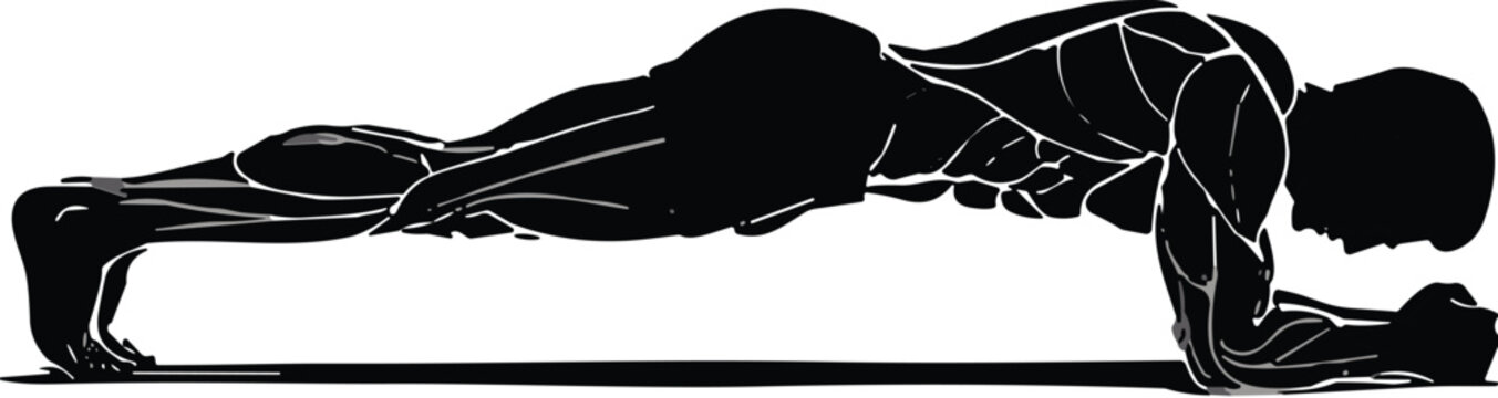 Silhouette of a person performing a plank exercise for fitness and core strength training on a plain white background, for health use