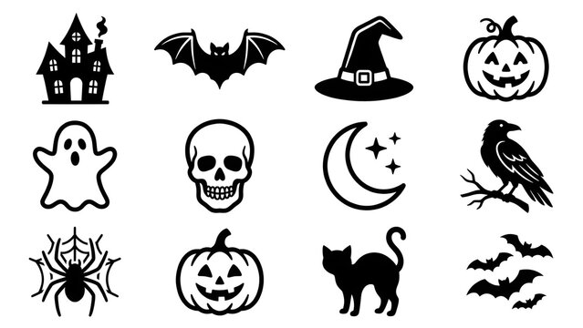 Set of minimalist black Halloween icons and silhouettes isolated on a white background, featuring haunted house, bat, witch hat, jack o lantern pumpkin, ghost, skull, crescent moon with stars, raven, 
