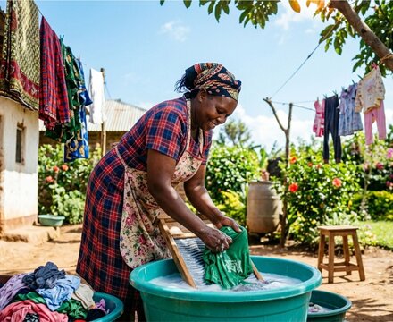 Woman Hand-Washing Clothes on Wooden Washboard, Traditional Outdoor Laundry Scene.
