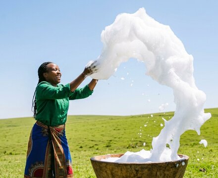 Woman Joyfully Tossing Soap Foam Above Wooden Bowl, Green Rolling Hills Background.