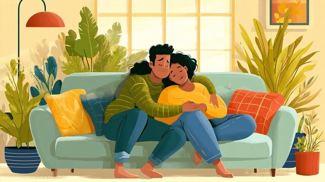 Couple relaxes on couch at home. Happy pair embraces on sofa in cozy apartment in evening.