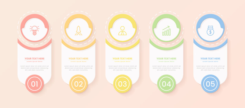 Five colorful infographic elements with icons representing ideas growth and success
