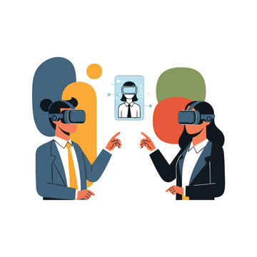 Futuristic business professionals wearing virtual reality headsets in a collaborative office setting, concept for digital transformation, remote teamwork, and immersive technology training and