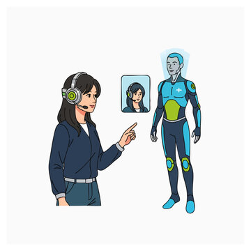 Futuristic digital human interaction with augmented reality avatar projection concept for virtual training, remote communication, gaming, and AI technology integration in education and corporate