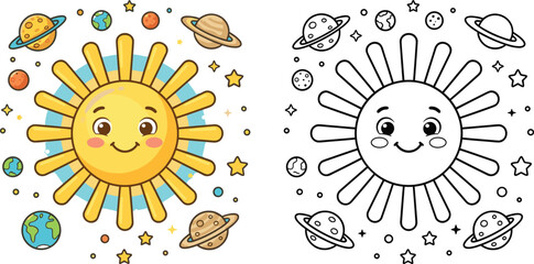Cute cartoon sun and solar system planets set with colored example and black and white outline coloring page for kids © Rofiqul
