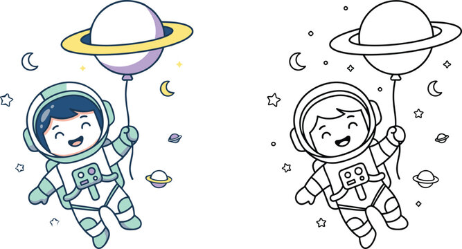 Cute cartoon astronaut floating with planet balloon set with colored example and black and white outline coloring page for kids