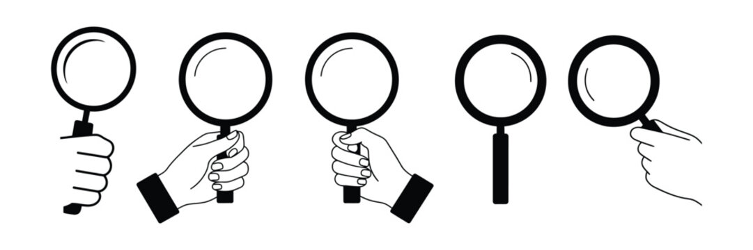 Magnifying glass icon with hand, search loupe symbol, inspection tool, zoom lens, discovery, analysis and investigation concept