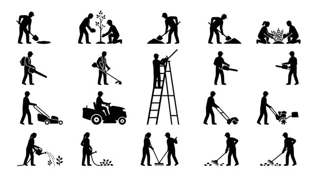 Gardeners perform various landscaping tasks including mowing, planting trees, and using power equipment in a collection of black silhouette icons.