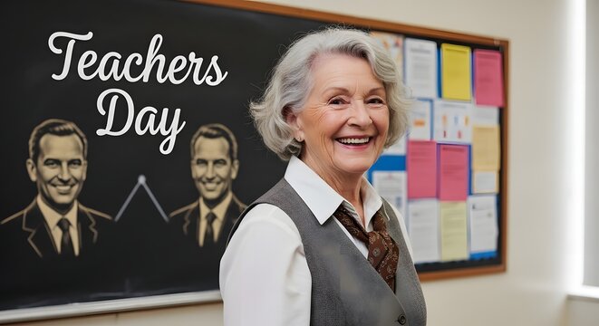 Senior teacher smiling in classroom. Mature educator standing by chalkboard. Academic school staff.