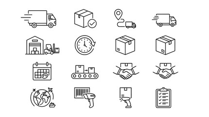 Fototapeta premium Logistics icons illustrate various stages of shipping, warehouse management, and package delivery processes in a clean linear style.