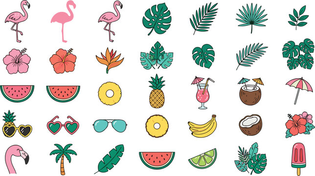Tropical summer icon set with pink flamingo exotic monstera palm leaves watermelon pineapple cocktail and beach holiday design elements