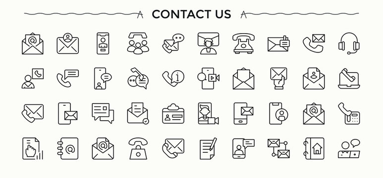 Set of Contact Us line icon. Contains such symbols as email, contact, info, message, personal information and more. Set of line pictogram. Contact line icon set. Editable stroke.