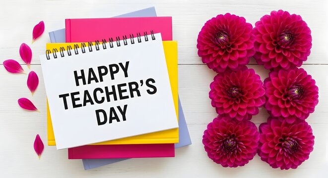 Happy Teachers Day note on notebooks. Floral greeting card for school staff. Education concept.