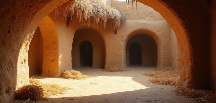 Ancient mud hut interior with straw roof. Arched doorways lead into dark rooms, hay scattered on dusty floor. Primitive dwelling, earthy texture, desert style architecture, rustic construction.