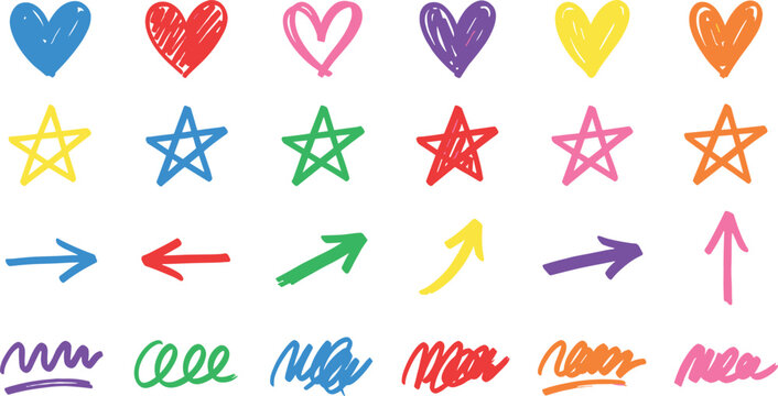 Colorful hand drawn marker doodle design elements set with hearts stars pointers arrows loops and creative felt tip pen scribbles