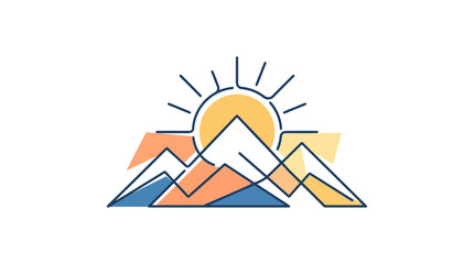 Mountains stand under a rising sun in a colorful geometric landscape illustration designed for travel themes. © nuryadin