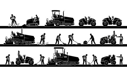 Obraz premium Road construction process is illustrated with black silhouettes of workers and heavy machinery performing asphalt paving tasks.