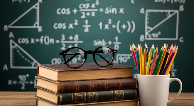 Books and glasses on a desk. Math formulas on chalkboard. Academic study and school education.