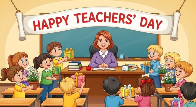 Happy Teachers Day celebration in classroom. Students giving gifts to teacher. School event art.
