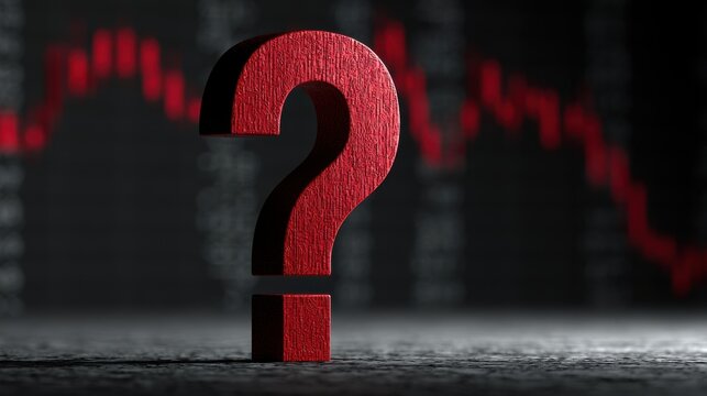 A red wooden question mark standing against a blurred financial chart. Symbolizing market uncertainty and investment.